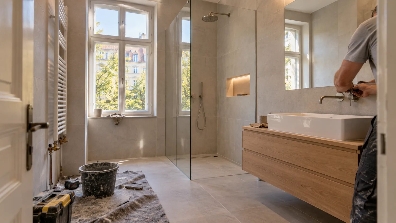Bad mit bodengleicher Dusche hinter einer Glaswand, beleuchteter Wandnische und Waschtisch mit Holzunterschrank