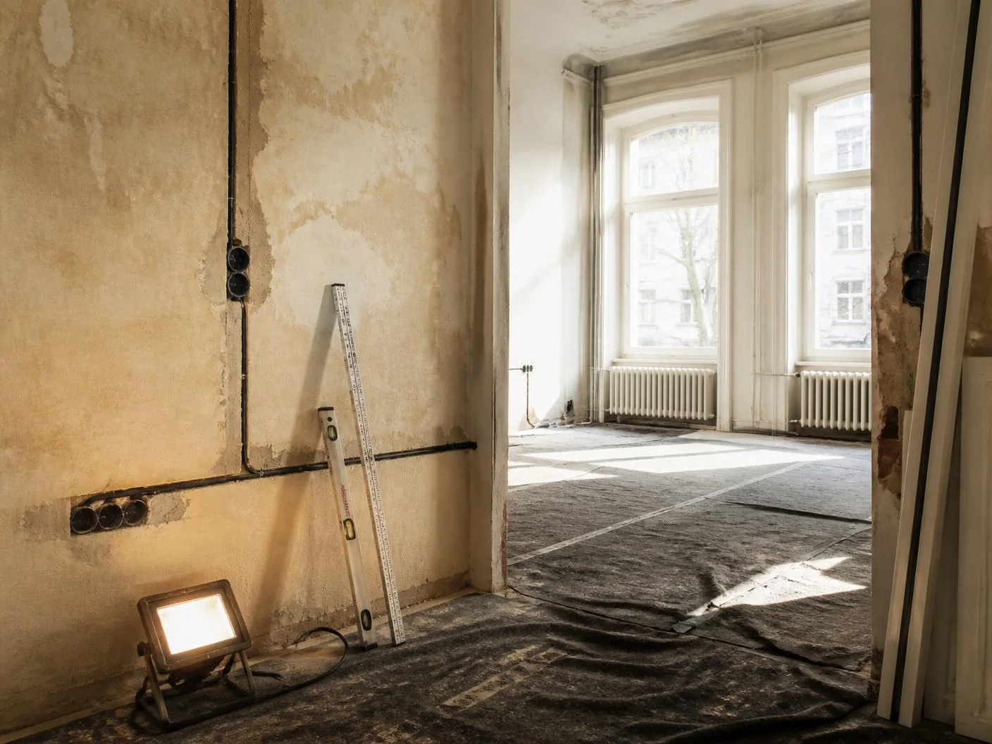 Altbauwohnung im Umbau: geschlitzte Wand mit neu verlegten Leerrohren und Unterputzdosen, davor Baustrahler und Wasserwaage