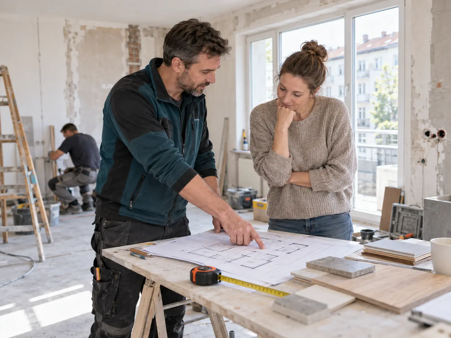 Handwerker und Bauherrin besprechen einen Grundriss auf einer Baustelle