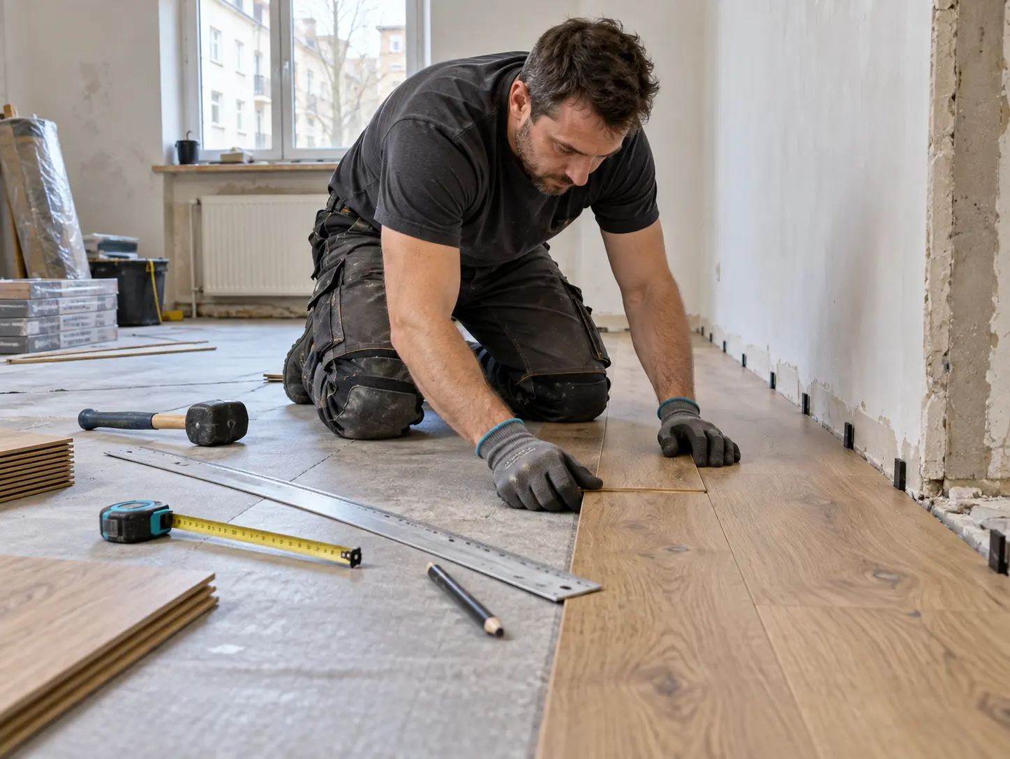 Bodenleger verlegt Dielen in Holzoptik schwimmend auf einer Unterlage