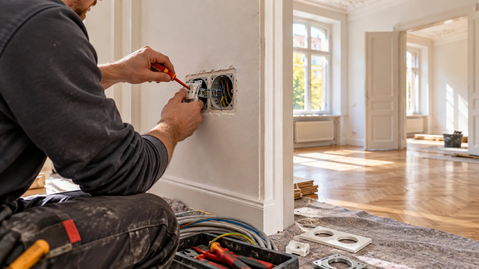 Elektriker schließt eine Steckdose in einer Unterputzdose an, im Hintergrund ein heller Altbauraum