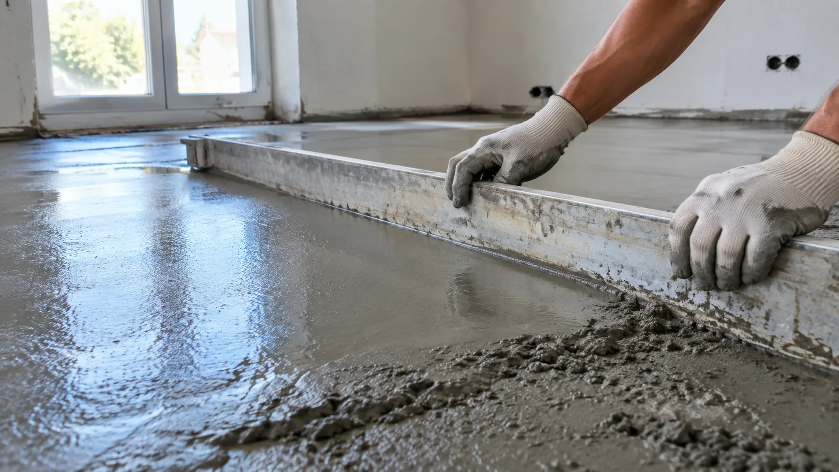 Handwerker zieht frischen Estrich mit einer Richtlatte ab, im Hintergrund ein Fenster