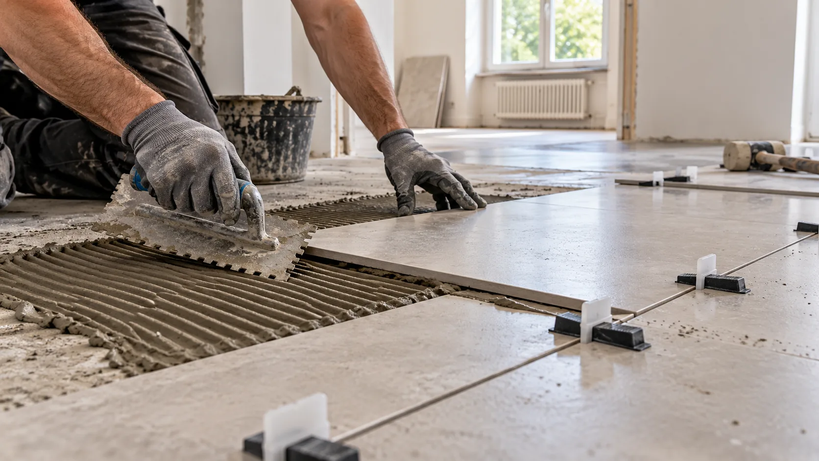 Fliesenleger verlegt großformatige Bodenfliesen mit Zahnkelle und Nivelliersystem