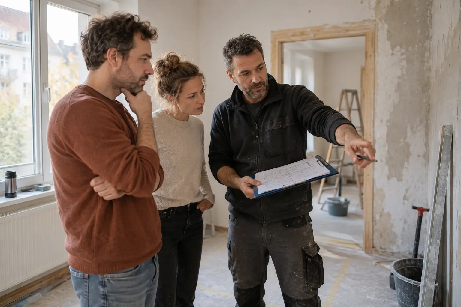 Ein Handwerker bespricht mit zwei Personen die Planung in einer Wohnung im Umbau