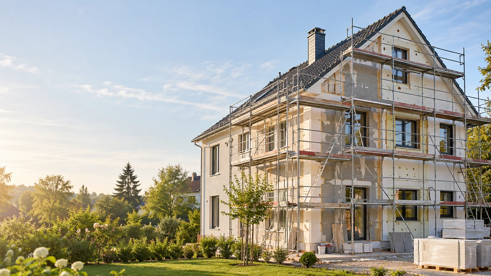 Einfamilienhaus während der Sanierung: Arbeitsgerüst an der Fassade, neue Dämmplatten und eingesetzte Fenster, davor Baumaterial auf Paletten