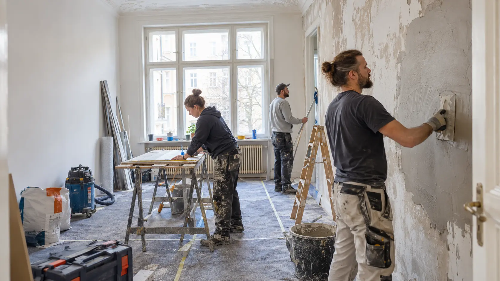 Drei Handwerker renovieren einen Altbauraum mit Stuck, vorne wird eine Wand verputzt