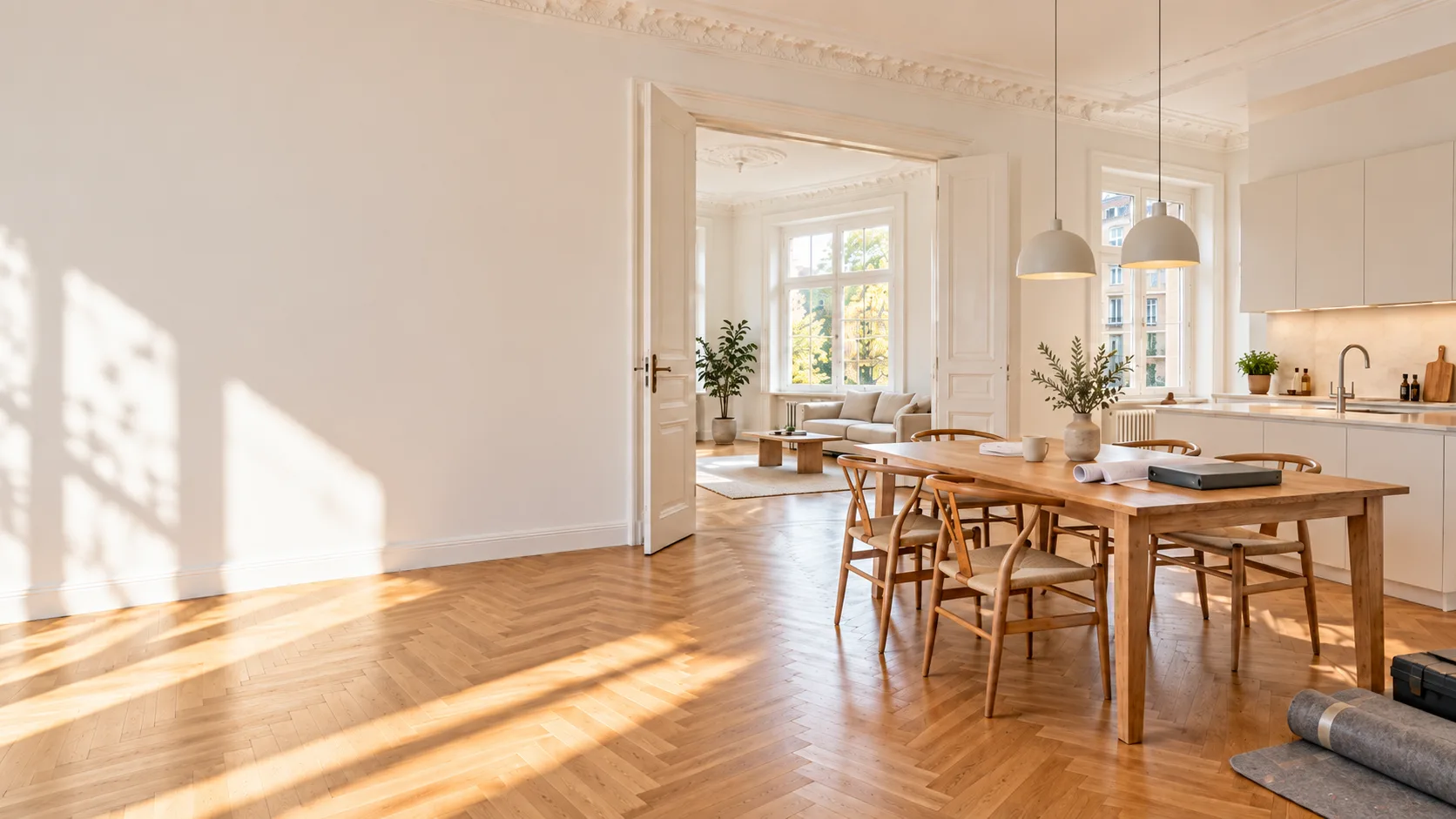 Renovierte Altbauwohnung mit Fischgrätparkett, offener Flügeltür und Wohnküche mit Esstisch im Sonnenlicht