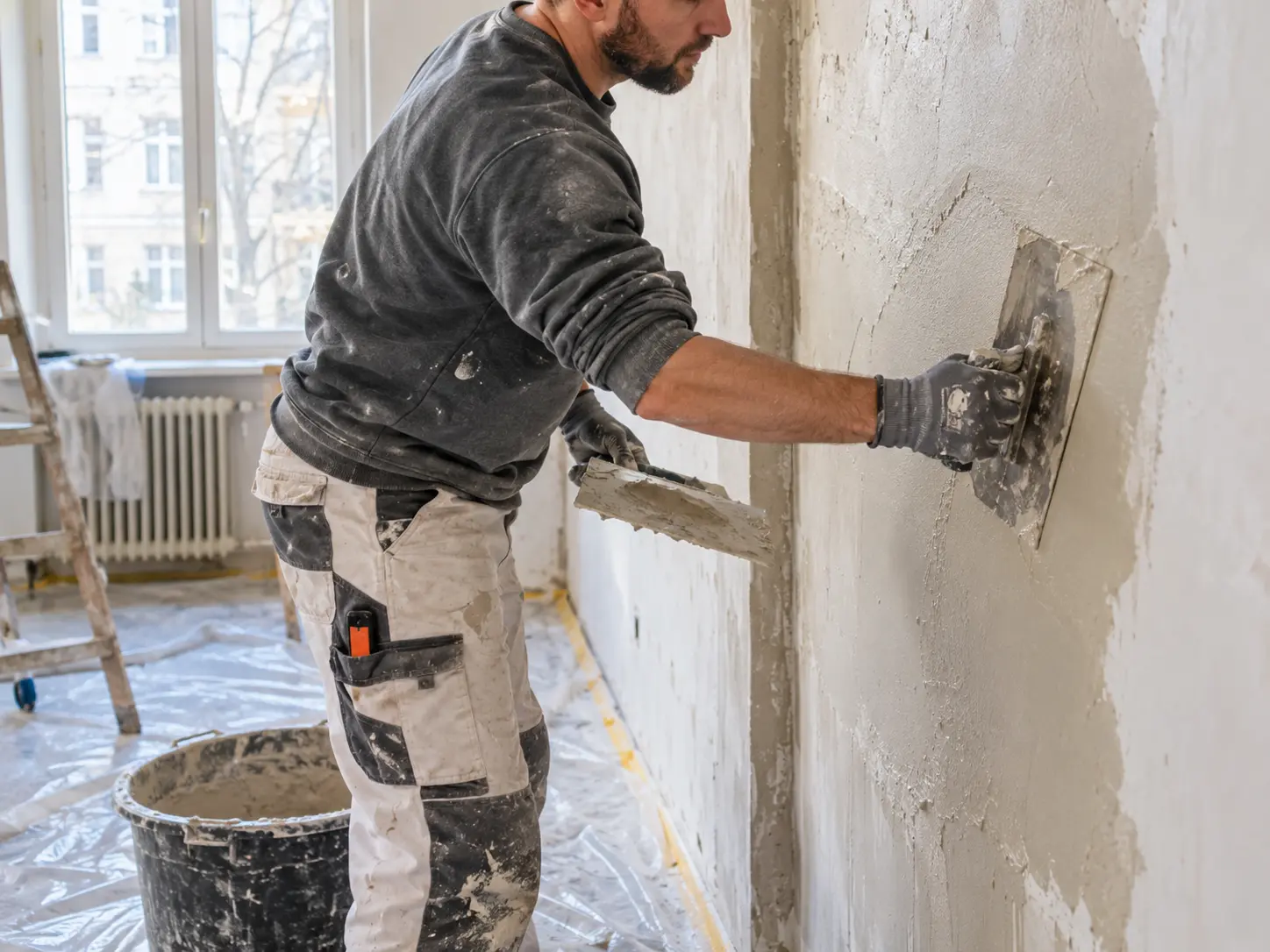 Handwerker zieht Spachtelmasse mit der Glättkelle auf eine Altbauwand