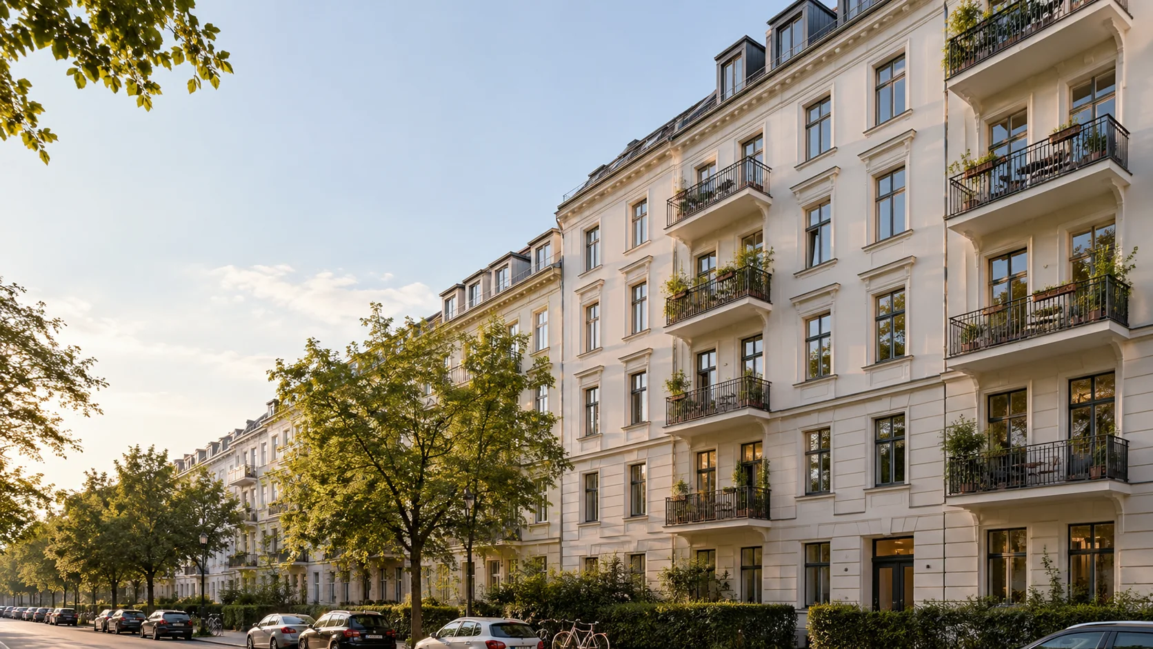 Mehrgeschossige Gründerzeit-Mehrfamilienhäuser mit Balkonen und Dachgauben an einer baumbestandenen Wohnstraße
