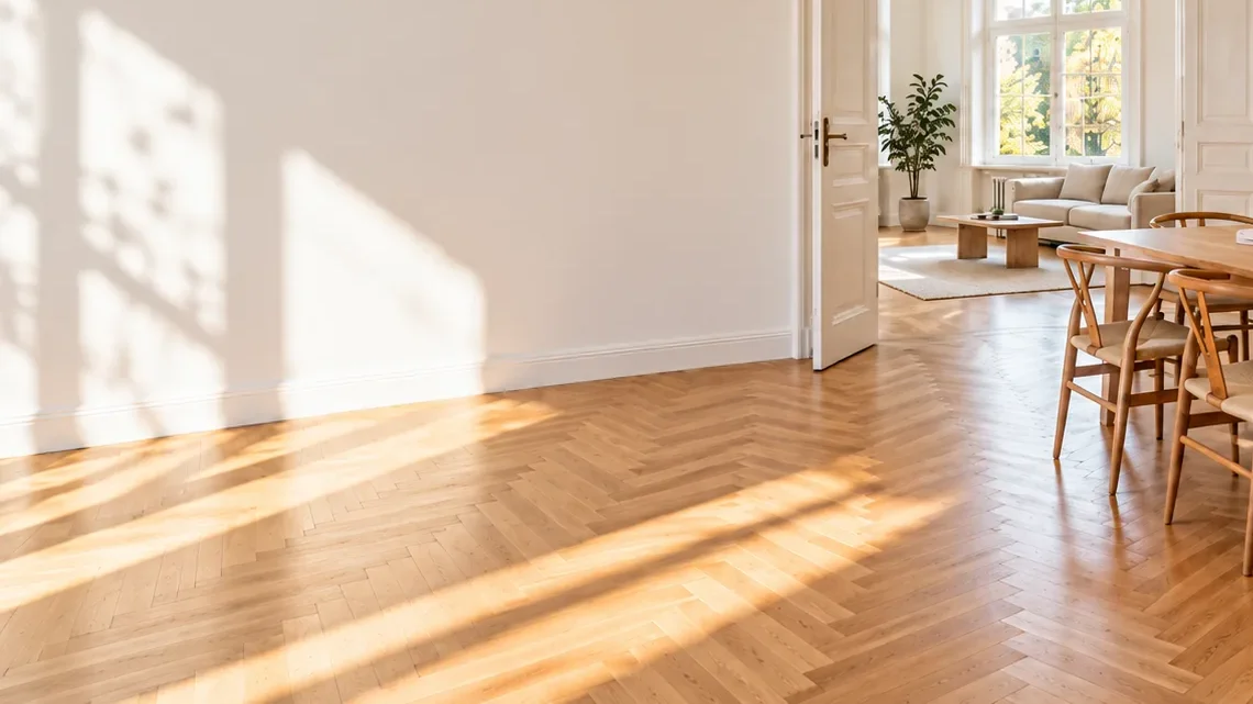 Fertig verlegtes Fischgrätparkett in einer renovierten Altbauwohnung, im Hintergrund Esstisch und Wohnbereich