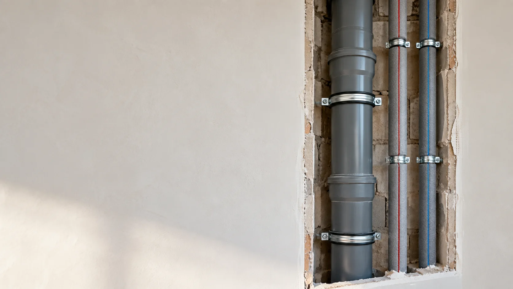 Geöffneter Installationsschacht mit grauer Abwasser-Fallleitung und zwei gedämmten Trinkwasserleitungen für kalt und warm an Rohrschellen