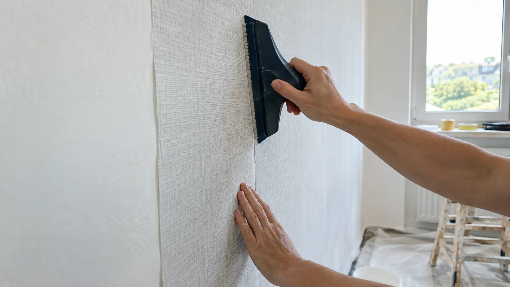 Handwerker glättet eine Tapetenbahn mit einem Andrückwerkzeug an einer hellen Wand neben einem Fenster