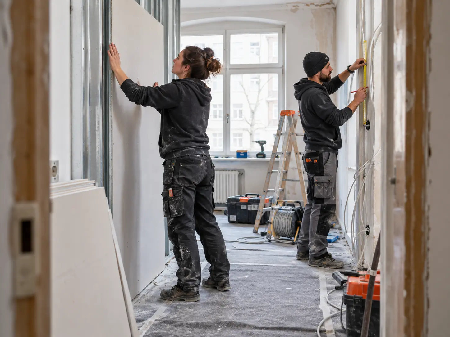 Zwei Handwerker arbeiten an einer Trockenbauwand und an Elektroleitungen in einem Altbauflur