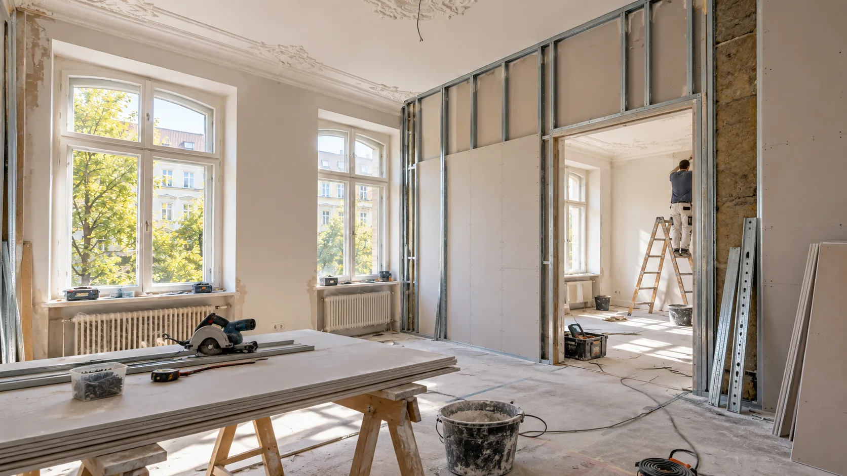 Altbauraum im Umbau mit neuer Trockenbauwand aus Metallständern und Gipsplatten