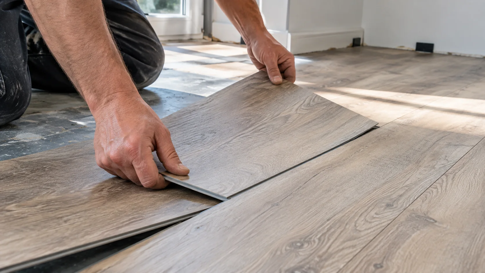 Handwerker verlegt eine Holzdekor-Vinylplanke auf einem vorbereiteten Boden