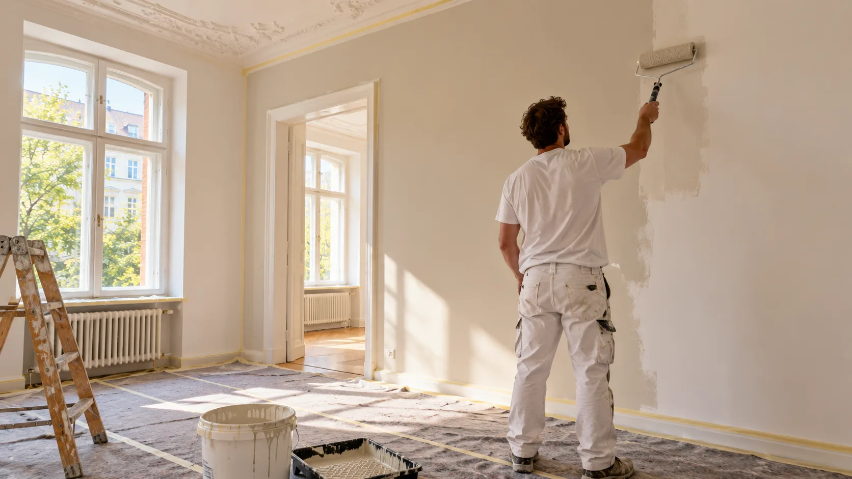 Maler streicht die Wand eines hellen Altbauraums mit der Farbrolle