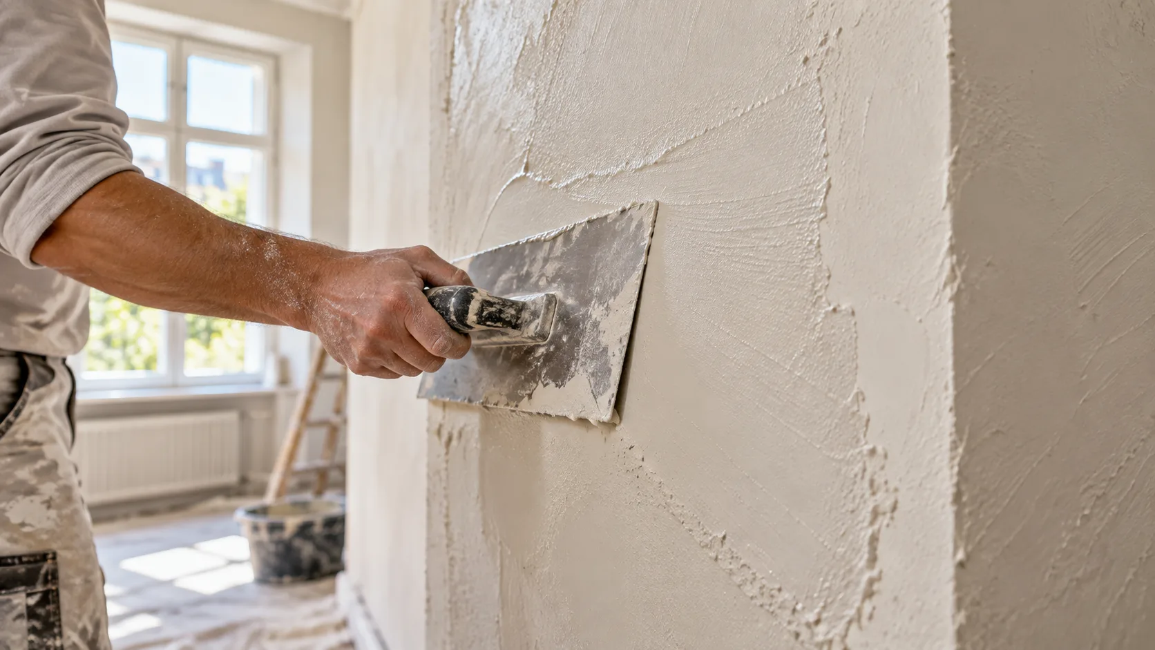 Handwerker glättet frischen Putz mit der Kelle an einer Wandecke